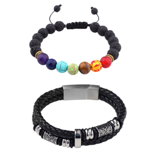 Stylish Triquetra Men’s Black Leather Beads Bracelet and Volcanic Stone Yoga Energy Bracelet Set