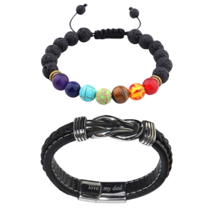 Stylish Dad Men's Black Leather Stainless Steel Infinity Knot Bracelet and Volcanic Stone Yoga Energy Bracelet Set
