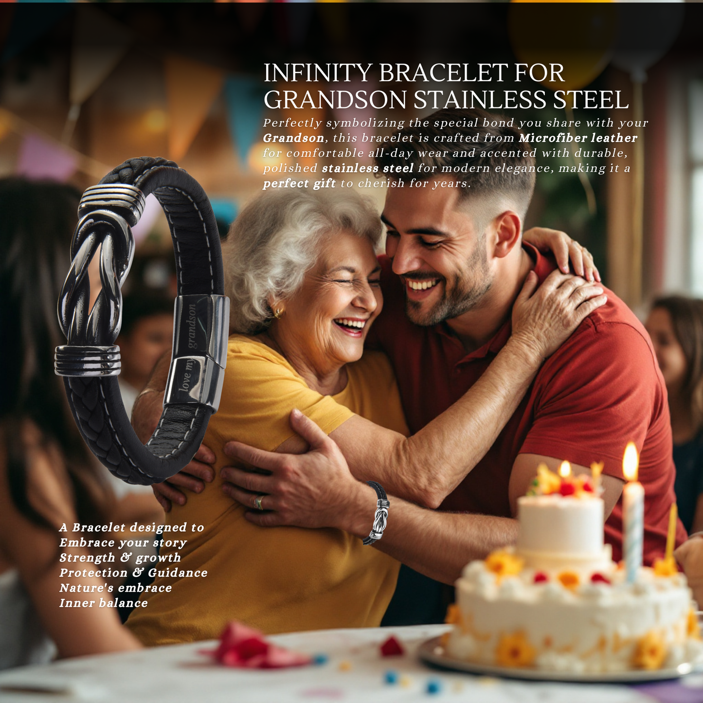 Infinity Bracelet For Grandson Engraved Leather Stainless steel with Personalised Card Message