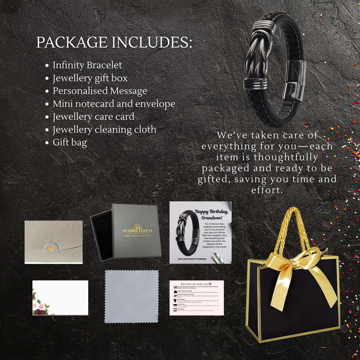 Infinity Bracelet For Grandson Engraved Leather Stainless steel with Personalised Card Message