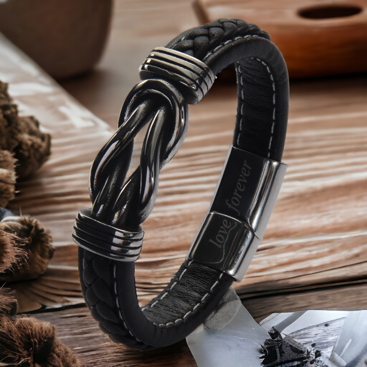 Men’s Genuine Black Leather Football Infinity Tree of Life Bracelet With Love Forever Engraving Selections