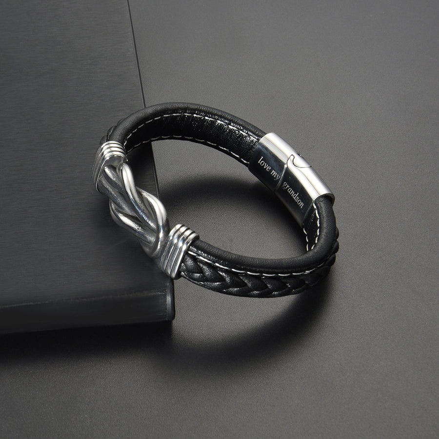 Men’s Genuine Black Leather Football Infinity Tree of Life Bracelet With Love My Grandson Engraving Selections