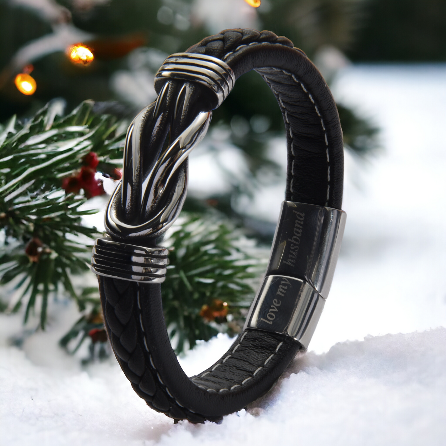 Men’s Genuine Black Leather Football Infinity Tree of Life Bracelet With Love My Husband Engraving Selections