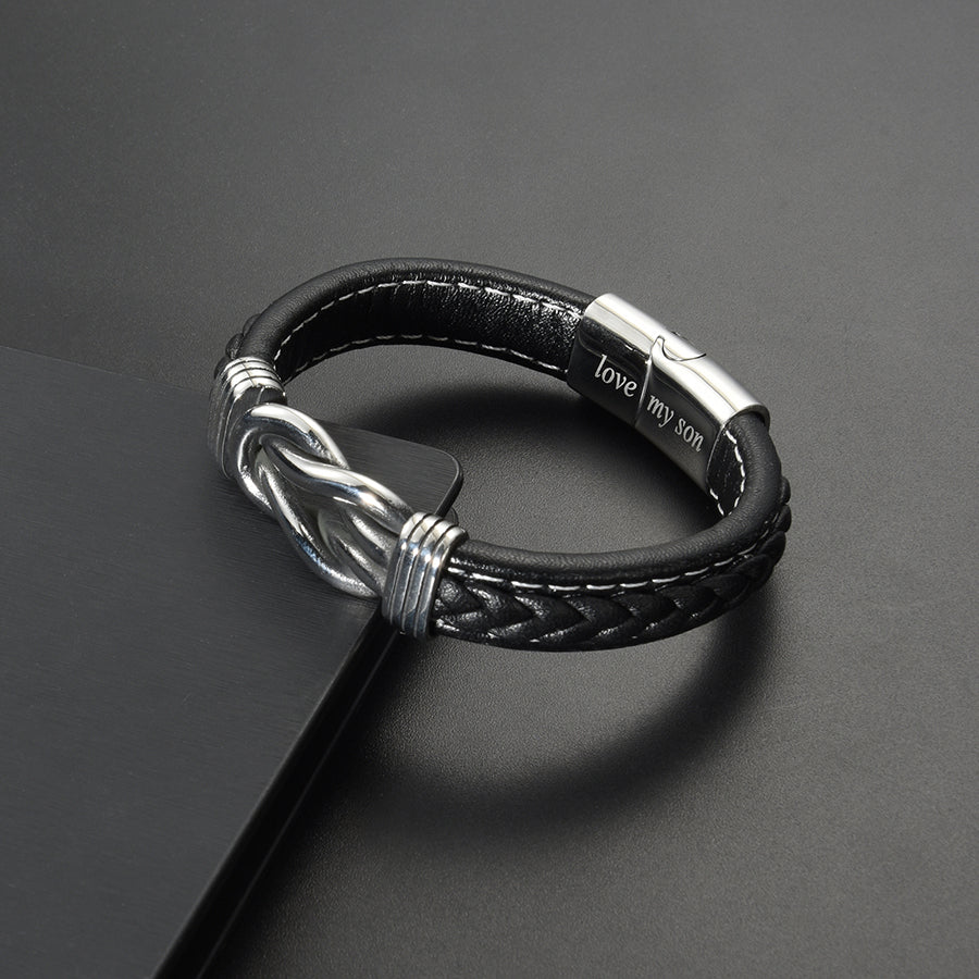 Men’s Genuine Black Leather Football Infinity Tree of Life Bracelet With Love My Son Engraving Selections