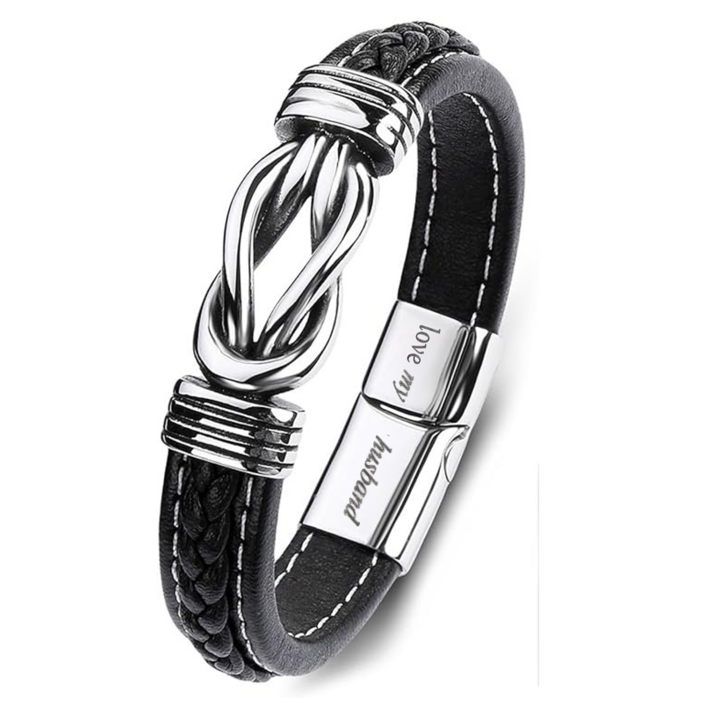 Stainless Steel Infinity Bracelet For Husband Engraved Leather with Personalised Message