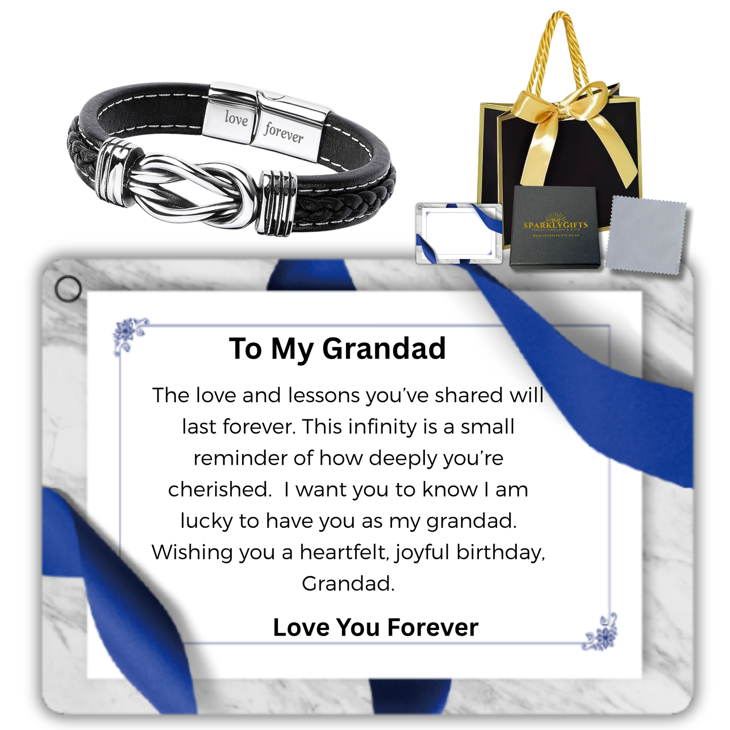 Stainless Steel Infinity Bracelet For Grandad Engraved Leather with Personalised Message