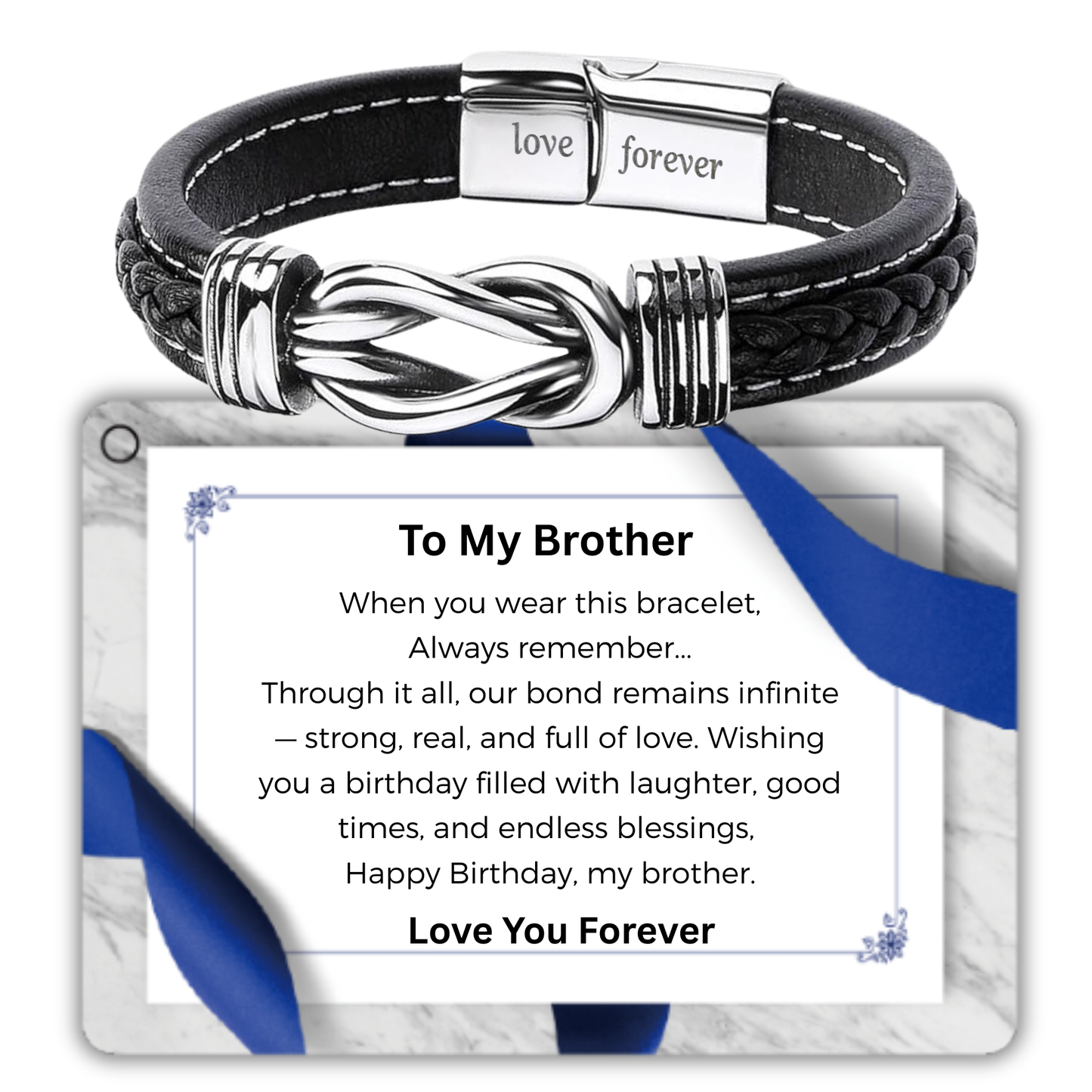 Stainless Steel Infinity Bracelet For Brother Engraved Leather with Personalised Message