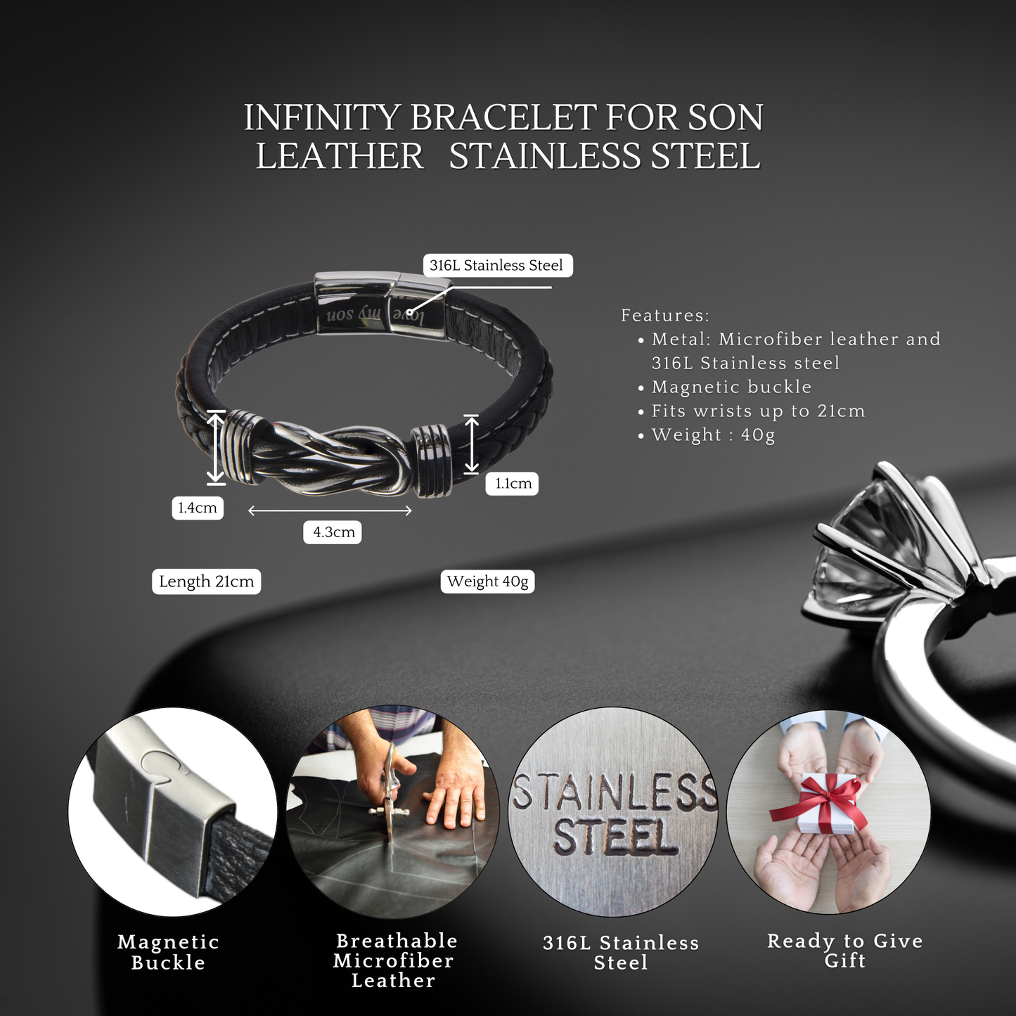 Stainless Steel Infinity Bracelet For Son Engraved Leather with Message Card
