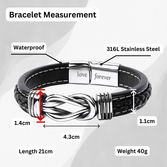 Stylish Men’s Black Leather Stainless Steel Infinity Knot Bracelet With Engraved Messages