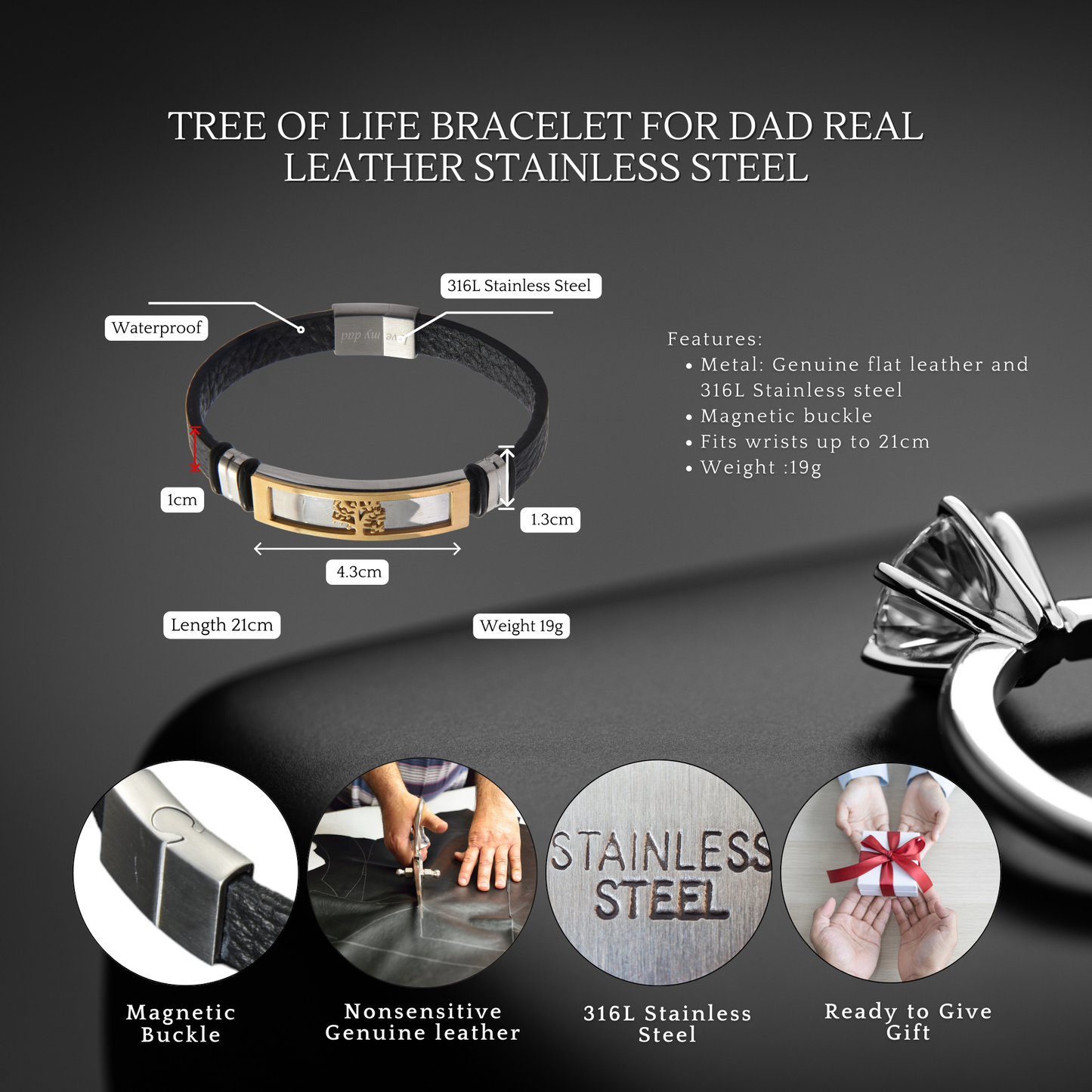 Tree of Life Bracelet For Dad Engraved Real Leather Stainless steel with Personalised Message Card