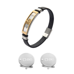Premium Crystal Cufflinks and Stylish Men’s Black Leather Stainless Steel Bracelet With Dad Engraved Message