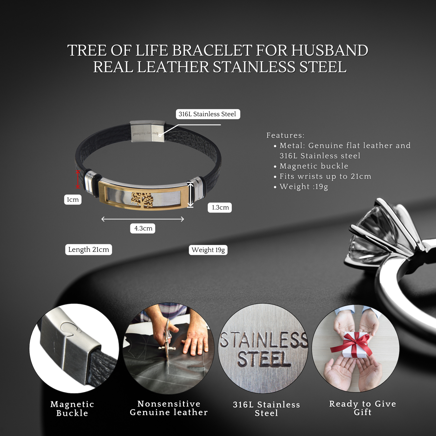 Tree of Life Bracelet For Husband Engraved Leather Stainless steel with Personalised Message