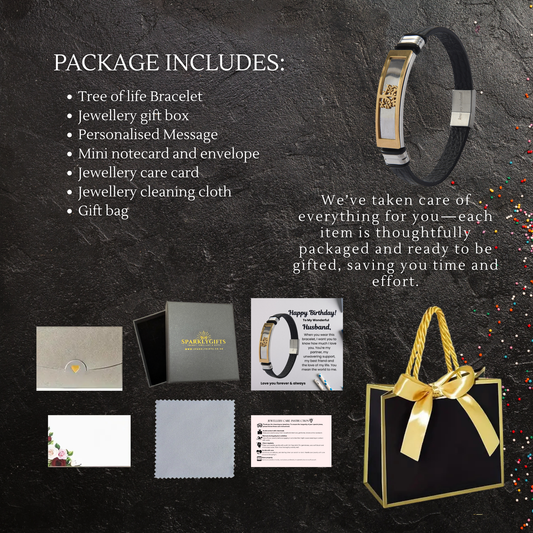 Tree of Life Bracelet For Husband Engraved Leather Stainless steel with Personalised Message