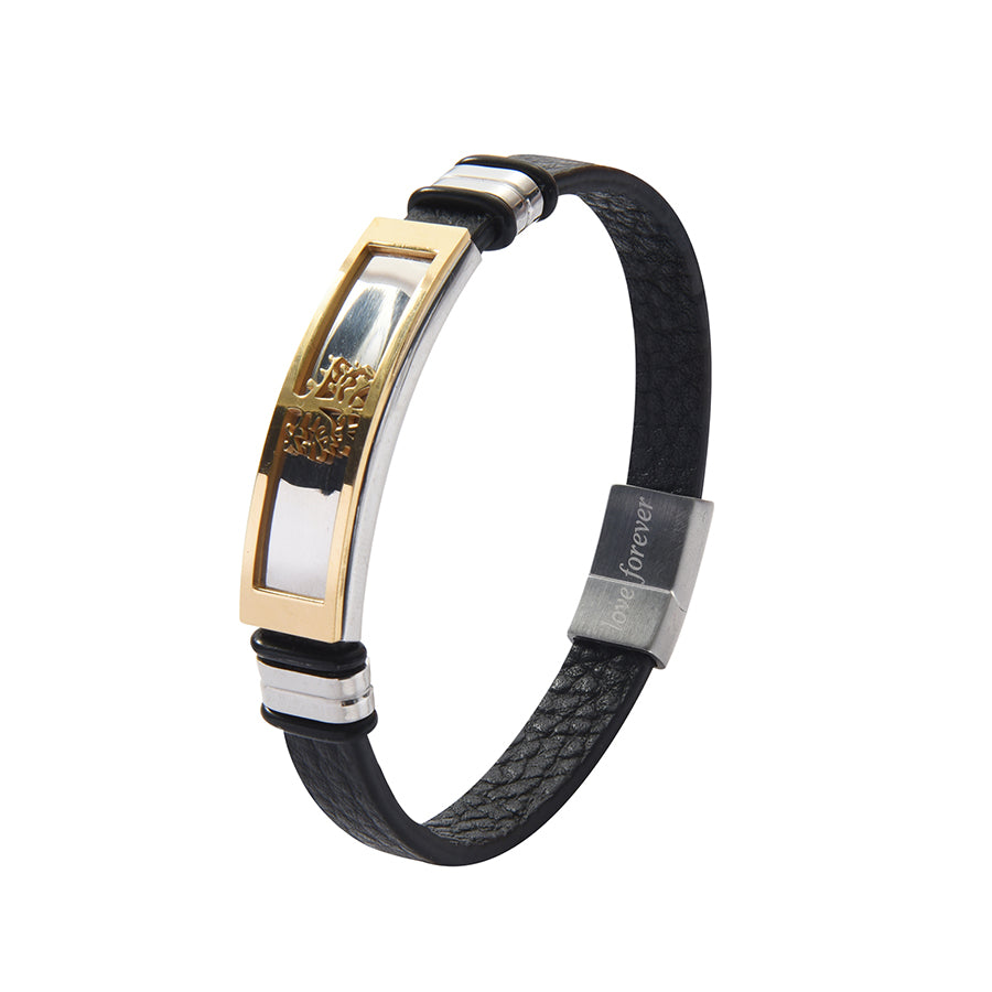 Men’s Genuine Black Leather Football Infinity Tree of Life Bracelet With Love Forever Engraving Selections