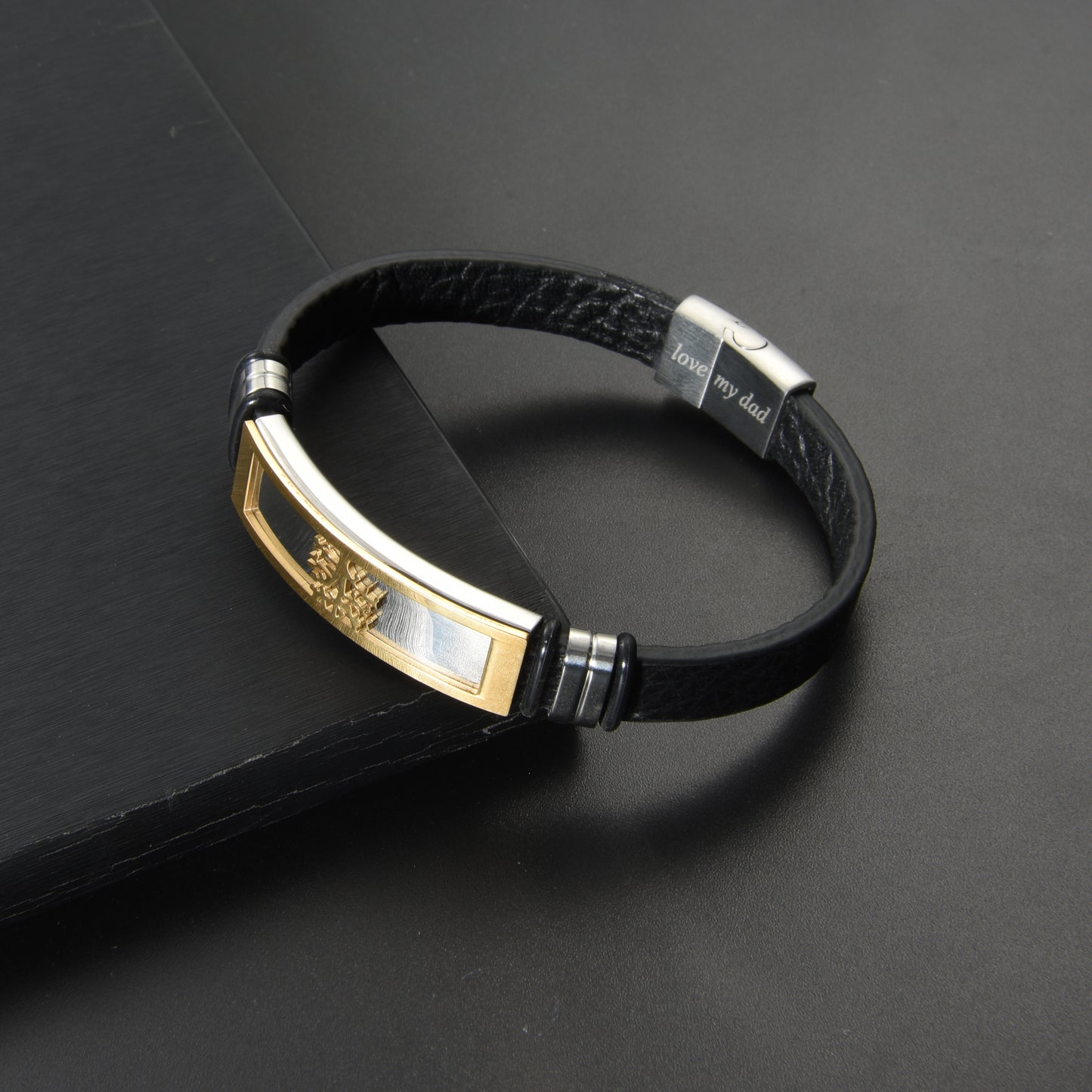 Men’s Genuine Black Leather Football Infinity Tree of Life Bracelet With Dad Engraving Selections
