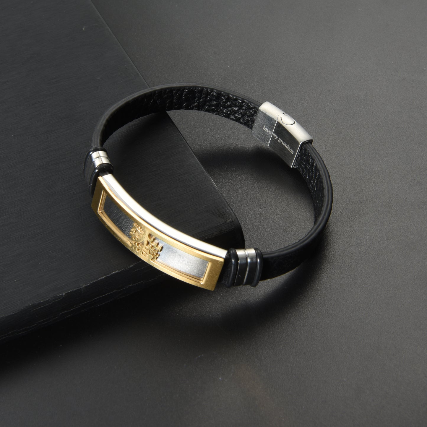 Men’s Genuine Black Leather Football Infinity Tree of Life Bracelet With Love My Grandson Engraving Selections