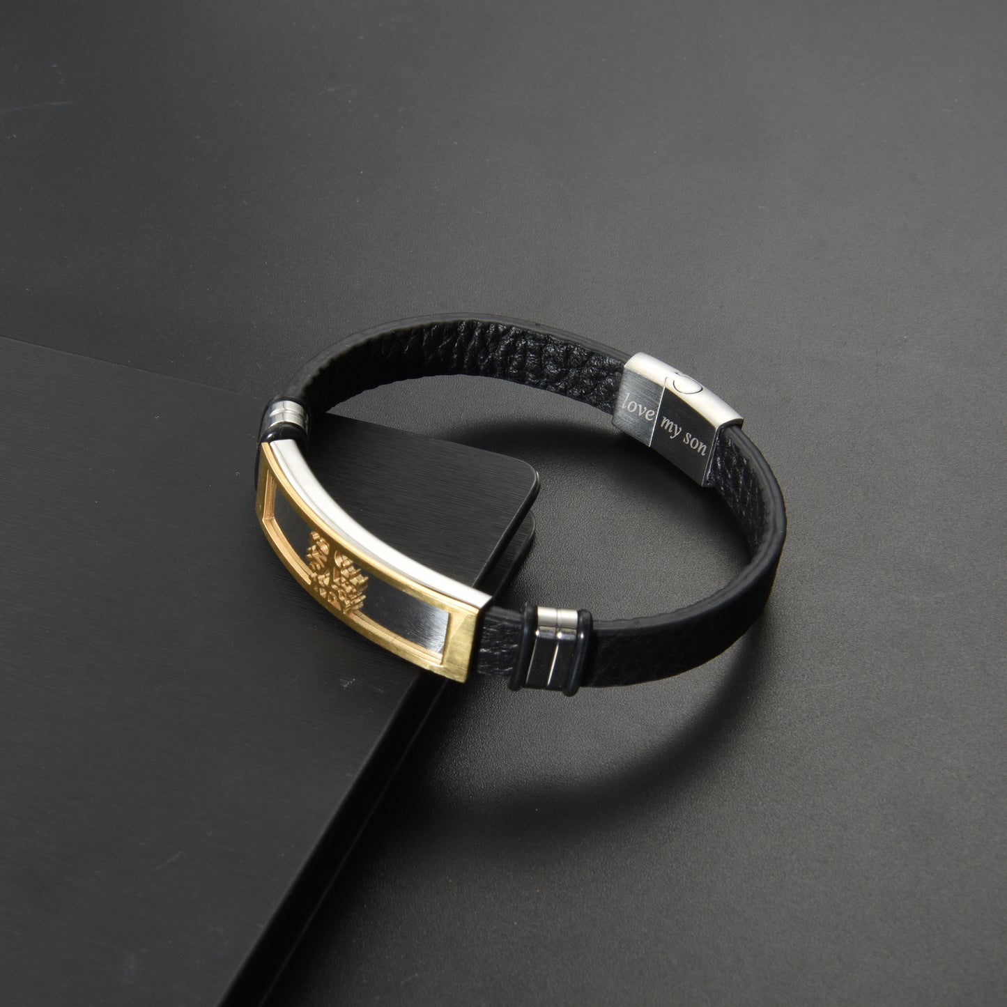 Men’s Genuine Black Leather Football Infinity Tree of Life Bracelet With Love My Son Engraving Selections