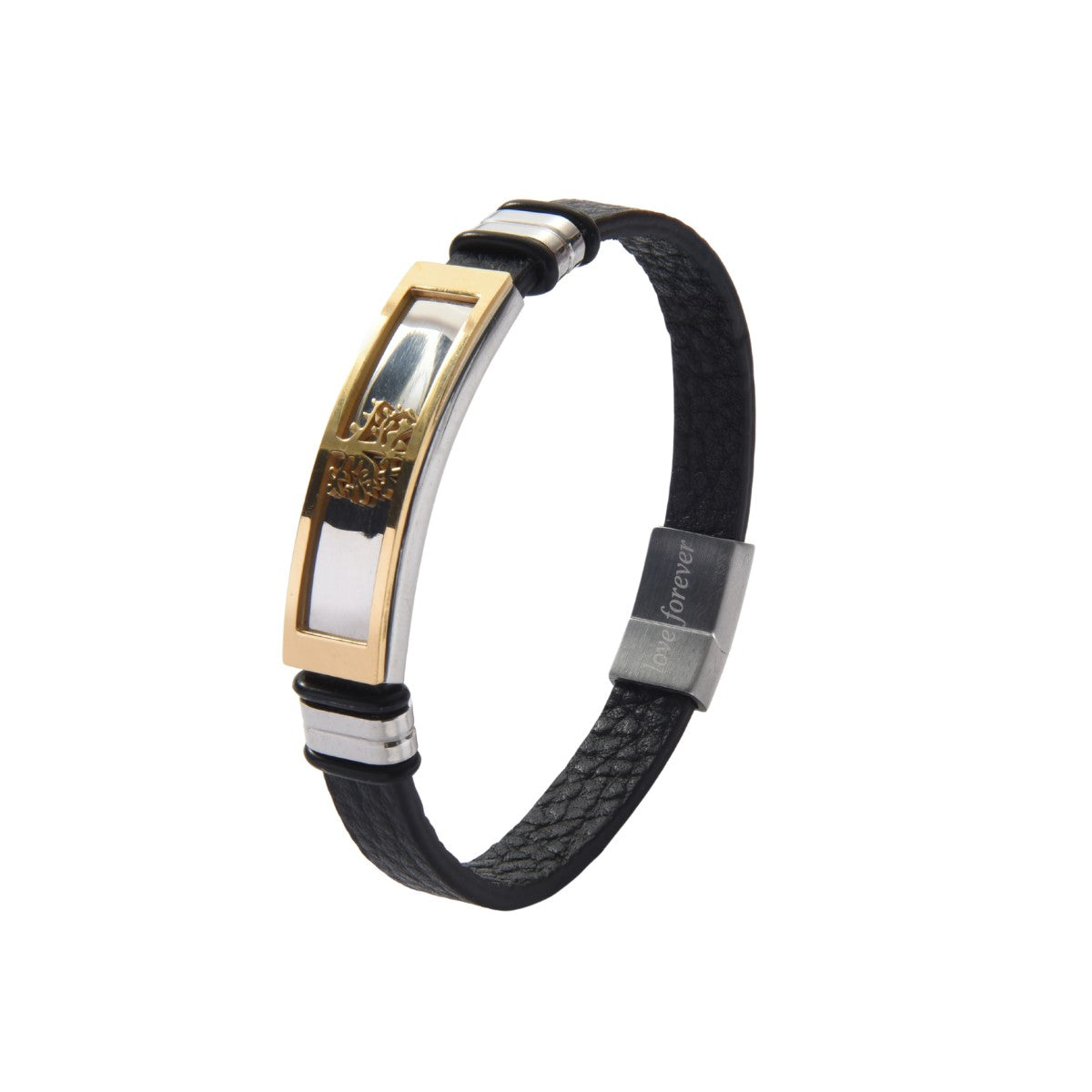 Black Genuine Leather Men’s Bracelet Stainless Steel Tree of Life With Engraved Messages