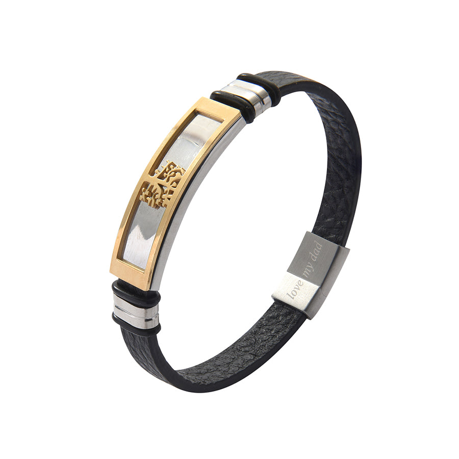Black Genuine Leather Men’s Bracelet Stainless Steel Tree of Life With Engraved Messages