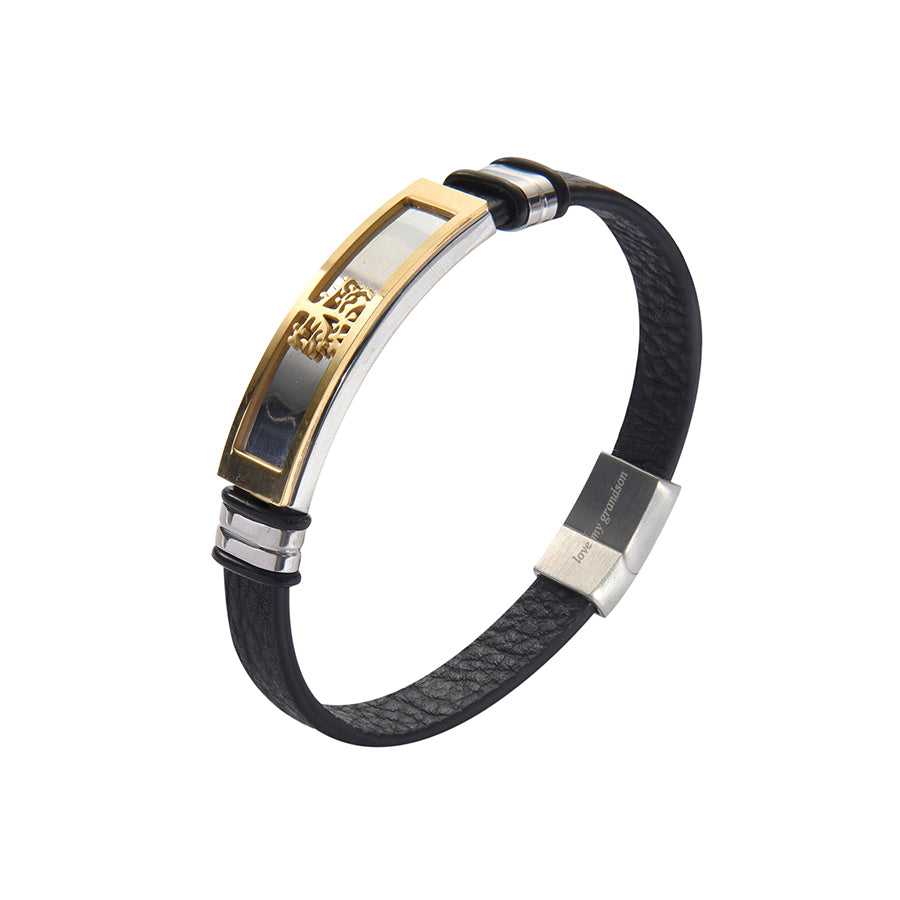 Black Genuine Leather Men’s Bracelet Stainless Steel Tree of Life With Engraved Messages