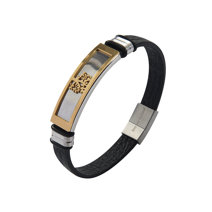 Black Genuine Leather Men’s Bracelet Stainless Steel Tree of Life With Engraved Messages