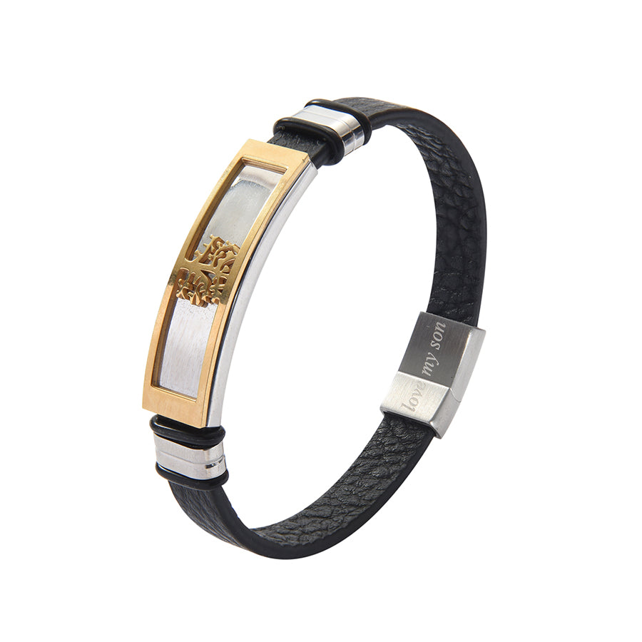 Black Genuine Leather Men’s Bracelet Stainless Steel Tree of Life With Engraved Messages