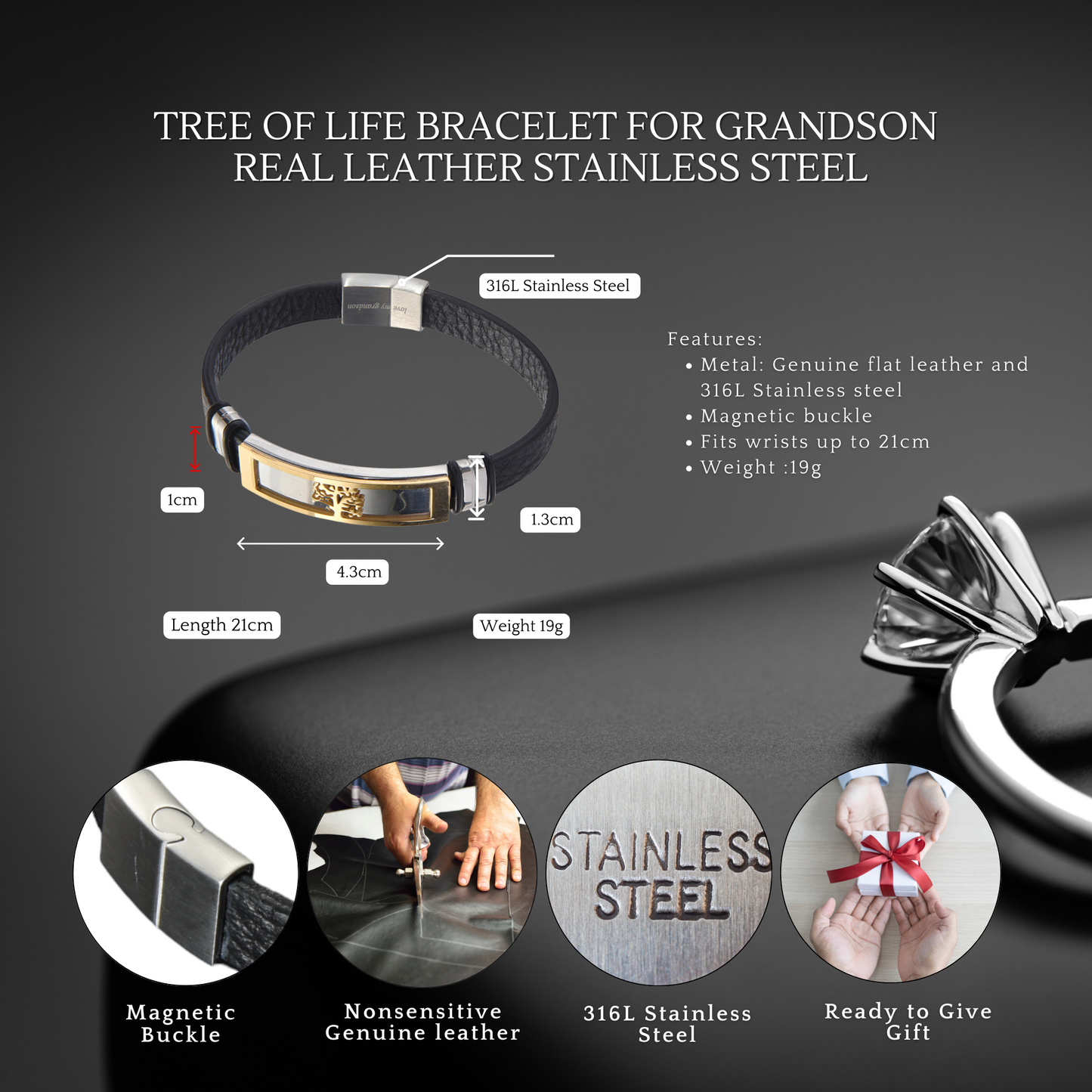 Tree of Life Bracelet For Grandson Engraved Real Leather Stainless steel with Personalised Message Card