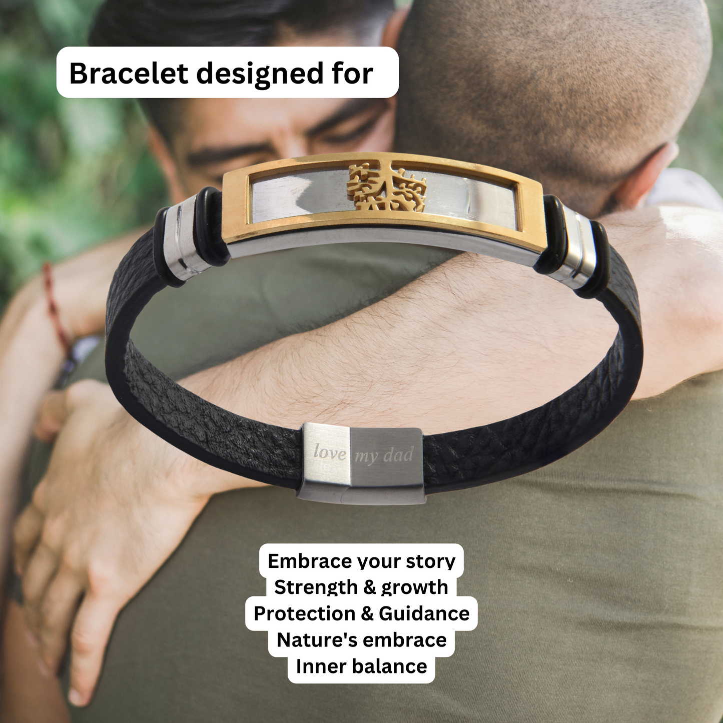 Black Genuine Leather Men’s Bracelet Stainless Steel Tree of Life With Engraved Messages
