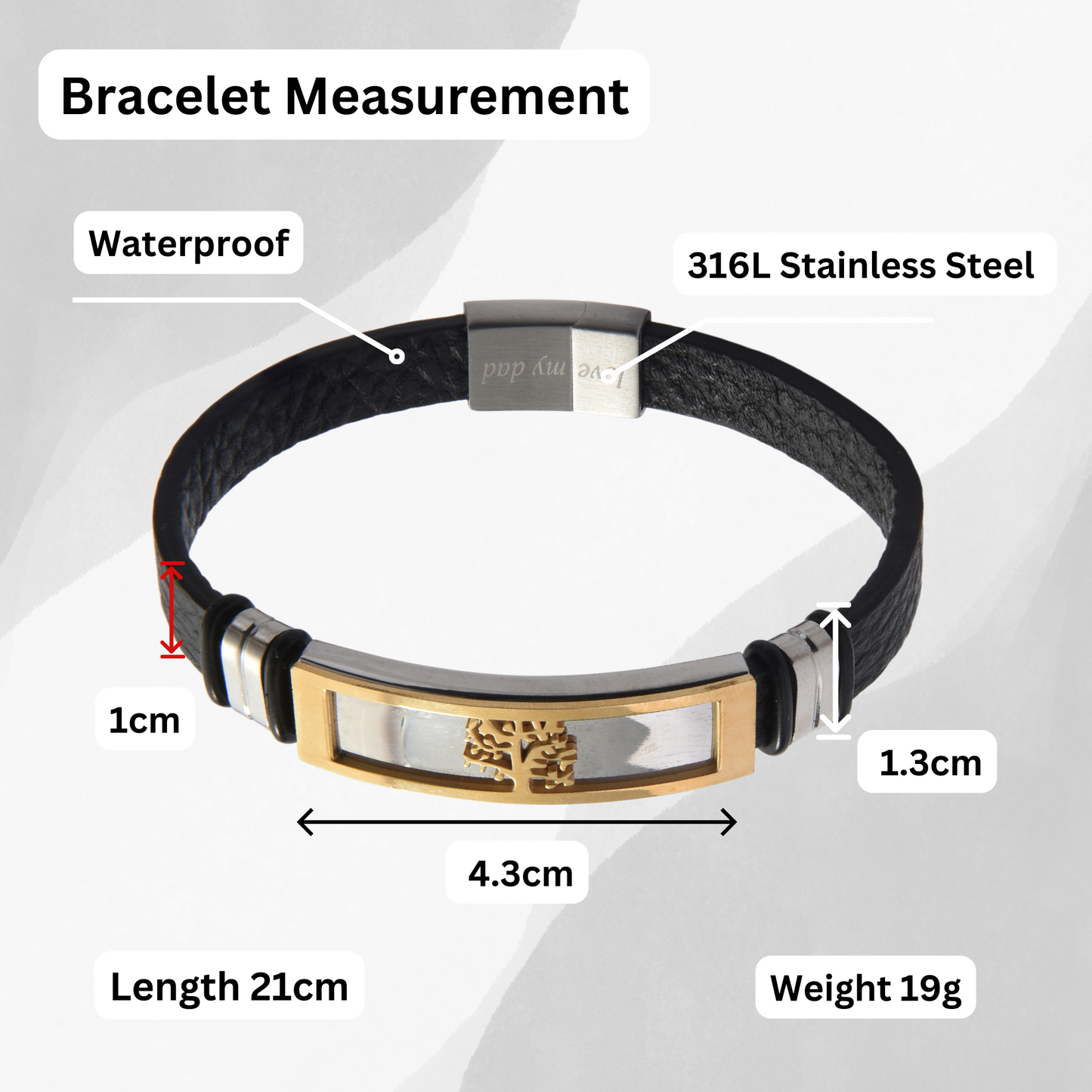 Black Genuine Leather Men’s Bracelet Stainless Steel Tree of Life With Engraved Messages