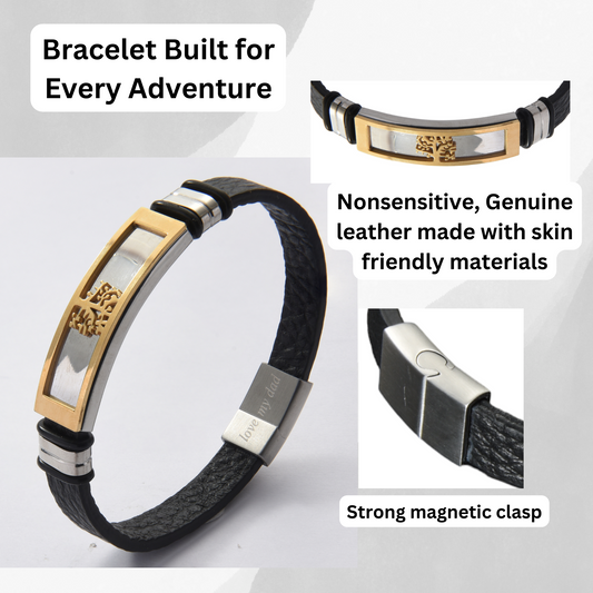 Black Genuine Leather Men’s Bracelet Stainless Steel Tree of Life With Engraved Messages