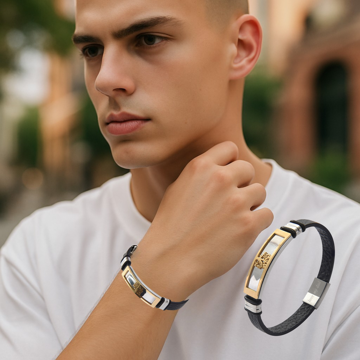 Black Genuine Leather Men’s Bracelet Stainless Steel Tree of Life With Engraved Messages