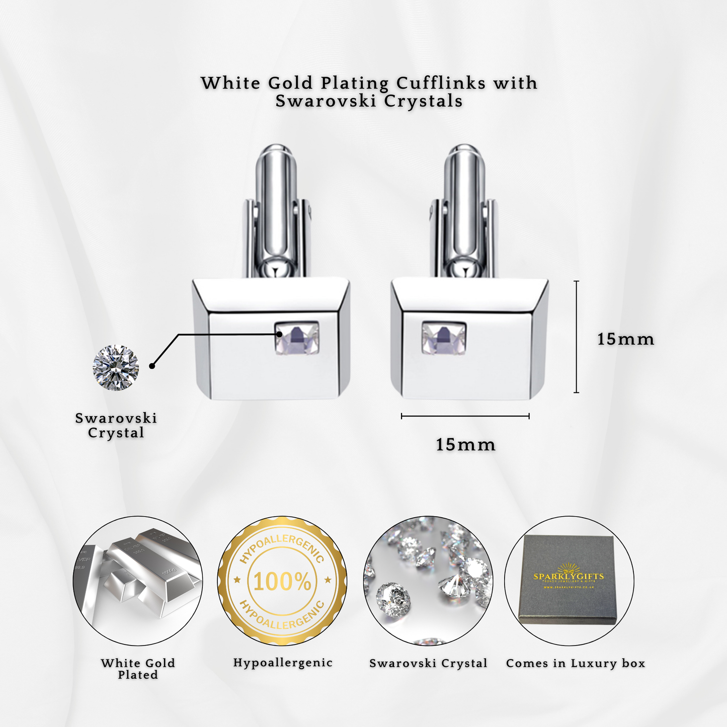 White Gold Plating Square Swarovski Crystal Cufflinks