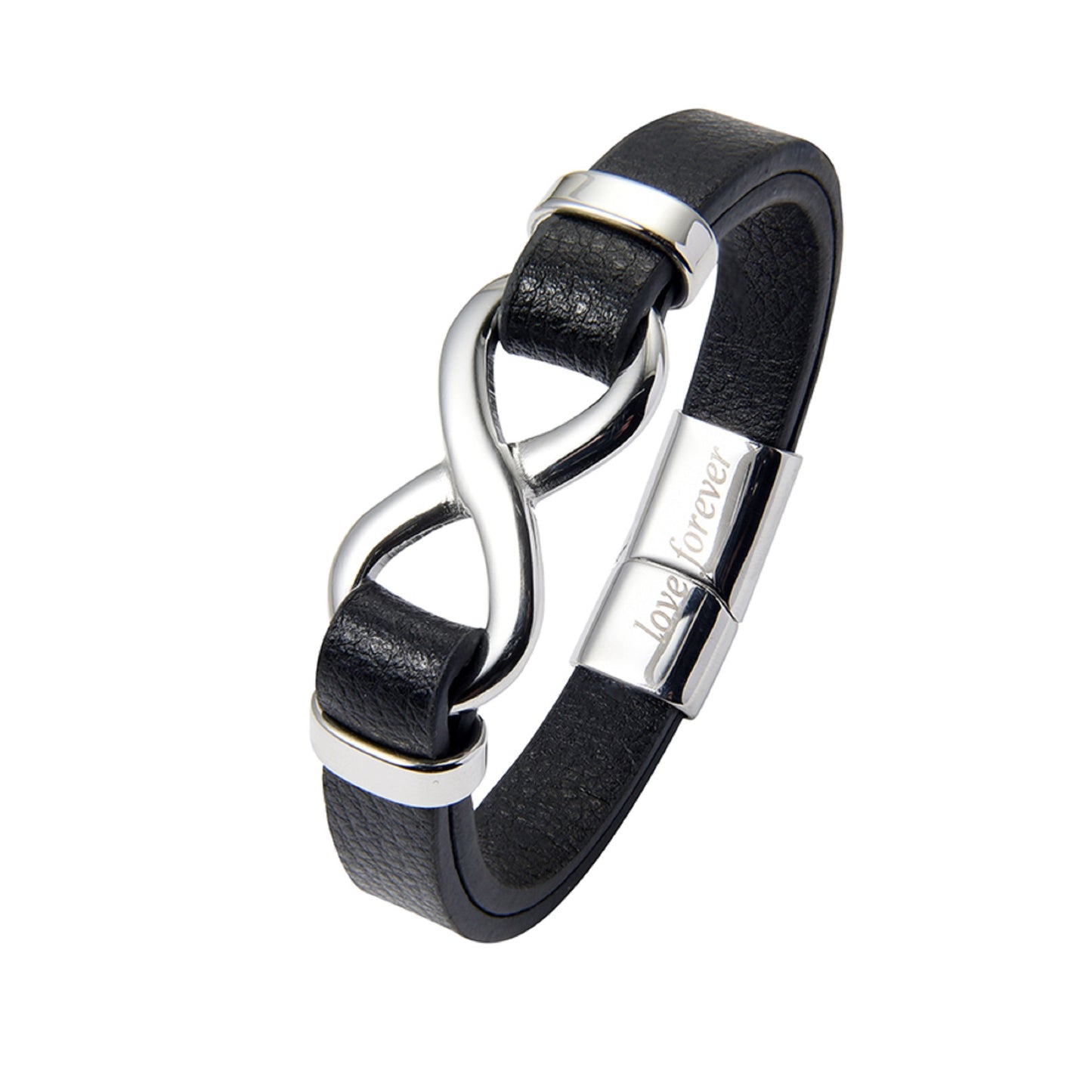Men’s Stylish Black Leather Stainless Steel Infinity Bracelet