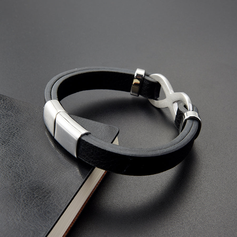 Men’s Stylish Black Leather Stainless Steel Infinity Bracelet