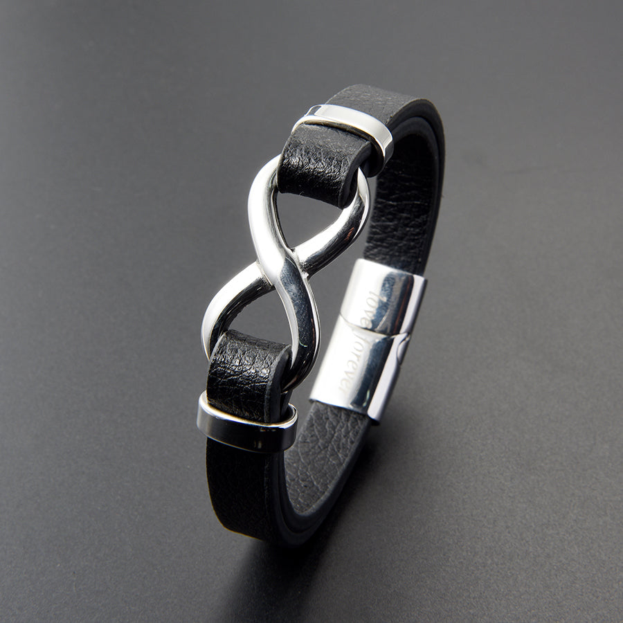 Men’s Stylish Black Leather Stainless Steel Infinity Bracelet