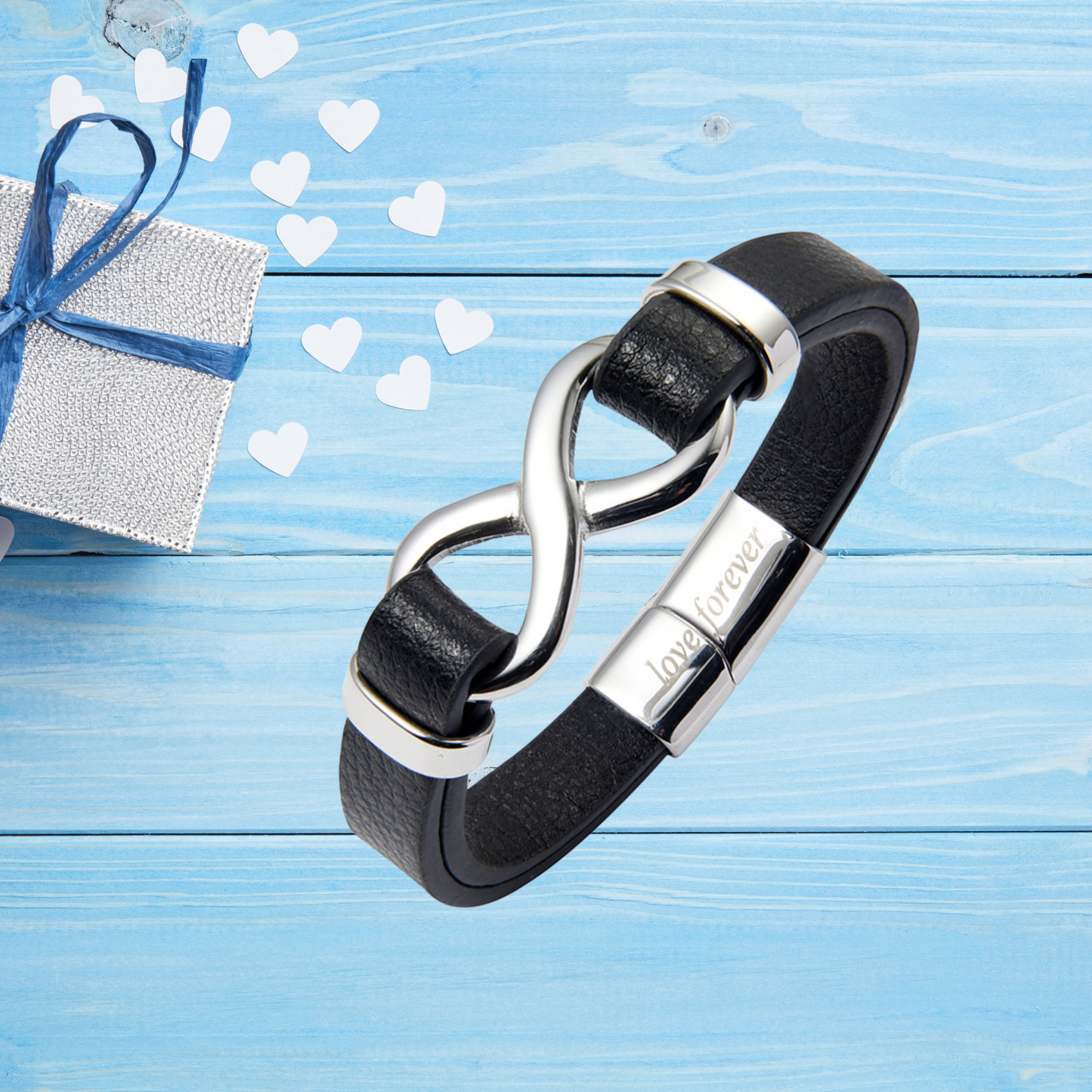 Men’s Stylish Black Leather Stainless Steel Infinity Bracelet