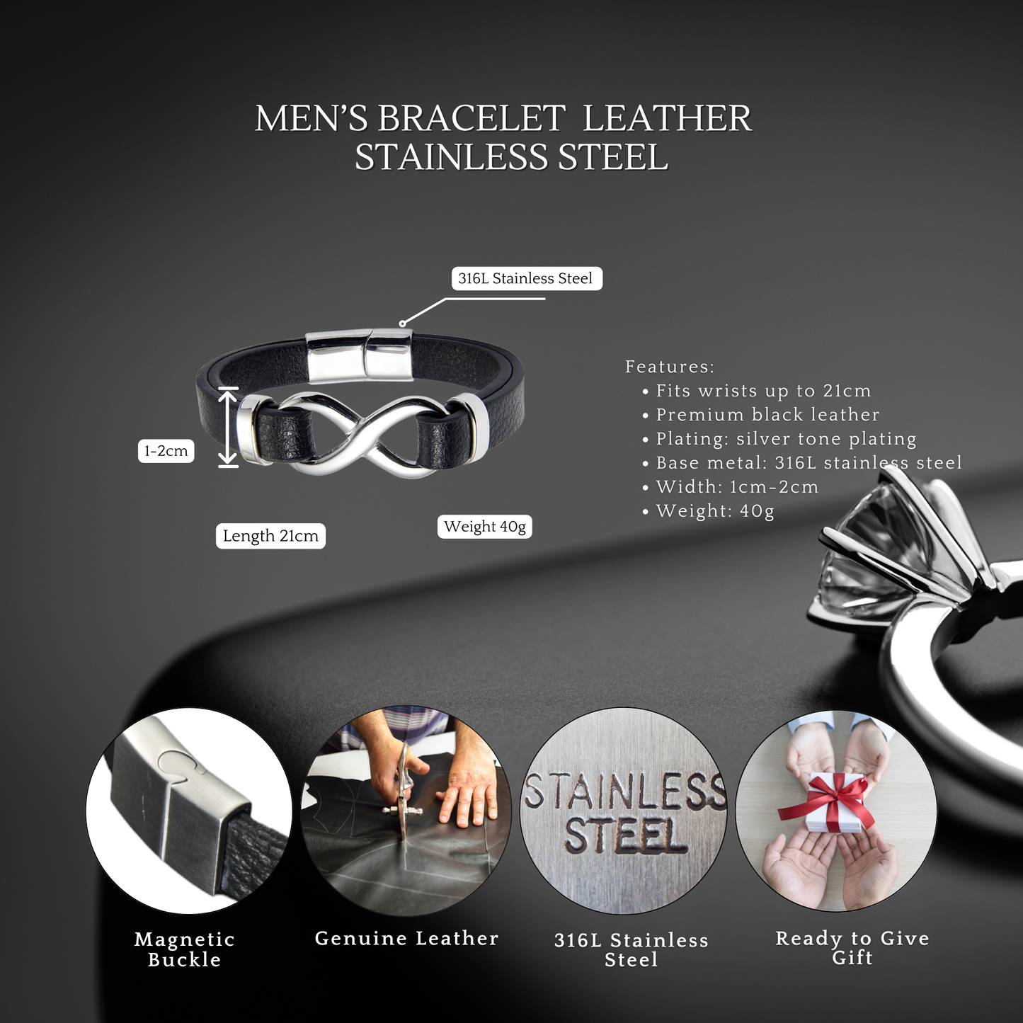 Men’s Stylish Black Leather Stainless Steel Infinity Bracelet