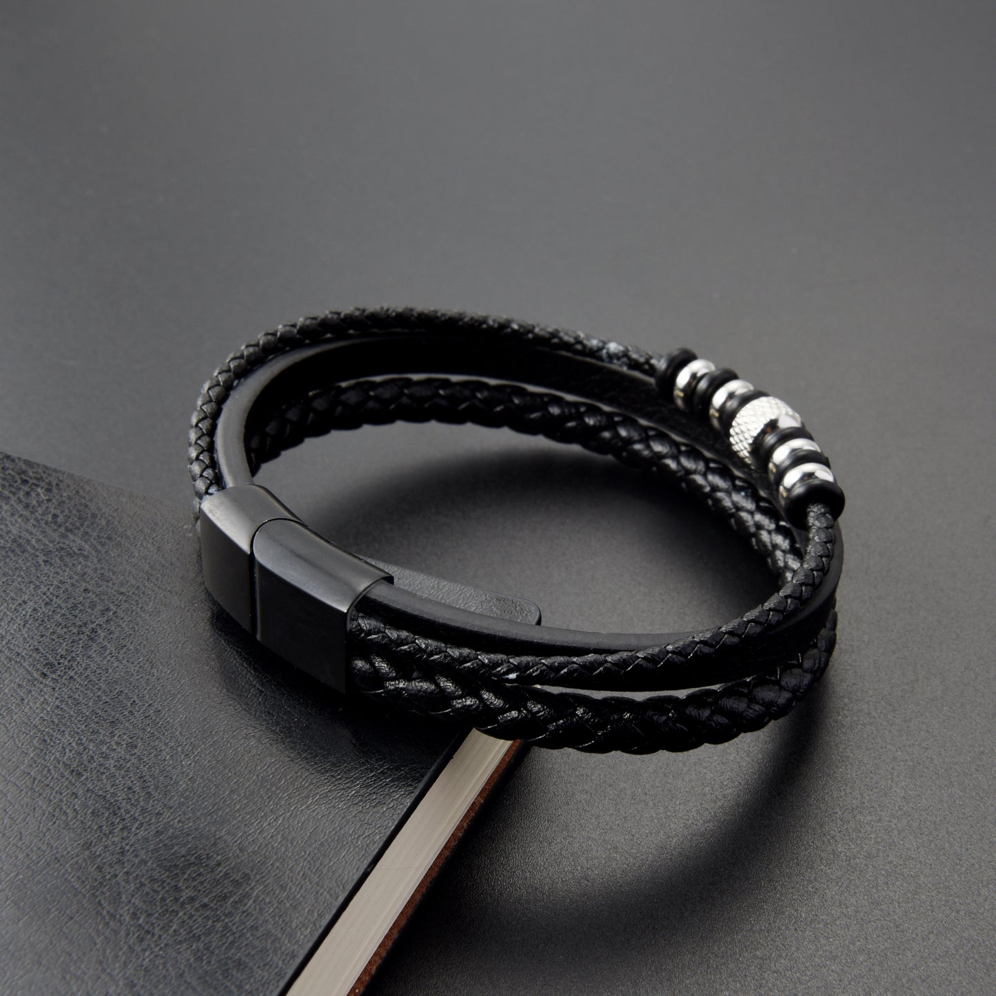 Fashionable 3-Layer Men’s Braised Black Leather Stainless Steel Bracelet