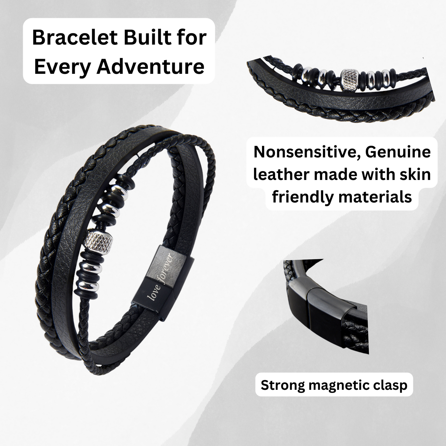 Fashionable 3-Layer Men’s Braised Black Leather Stainless Steel Bracelet