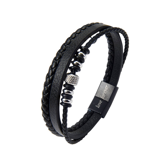 Fashionable 3-Layer Men’s Braised Black Leather Stainless Steel Bracelet