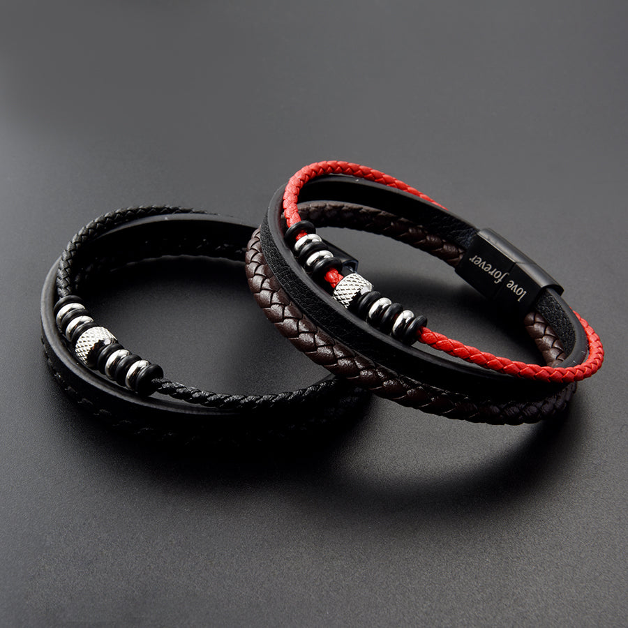Fashionable 3-Layer Men’s Braised Black Leather Stainless Steel Bracelet