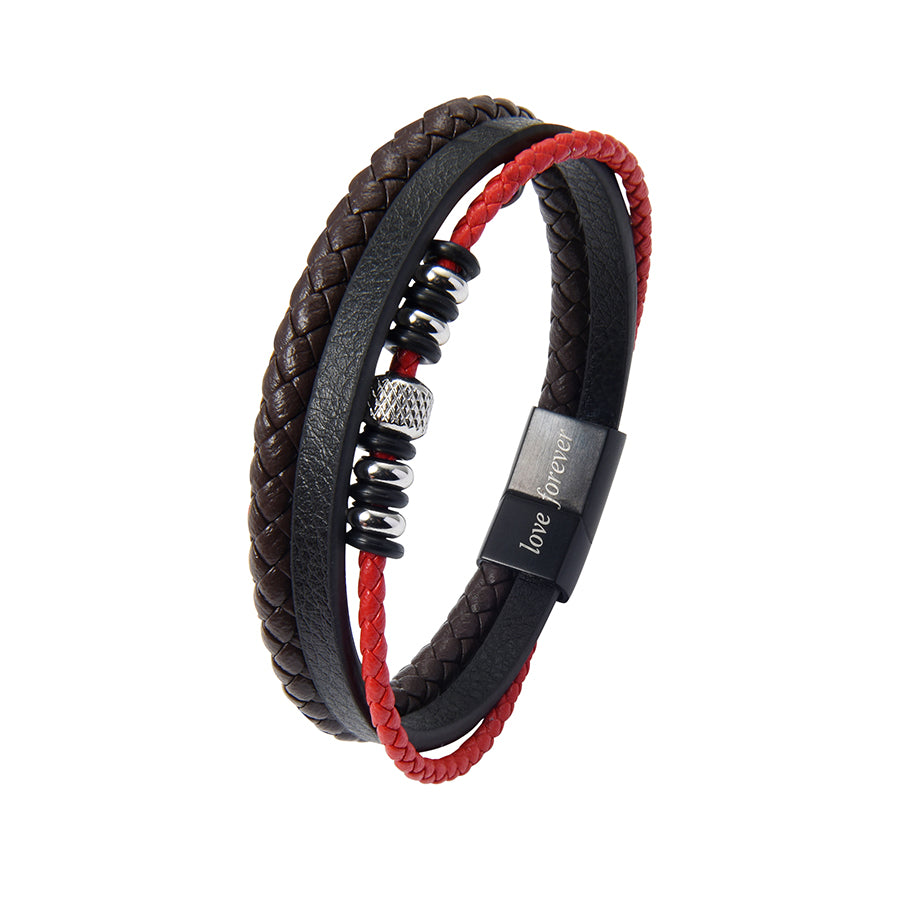 Fashionable 3-Layer Men’s Braised Black Leather Stainless Steel Bracelet