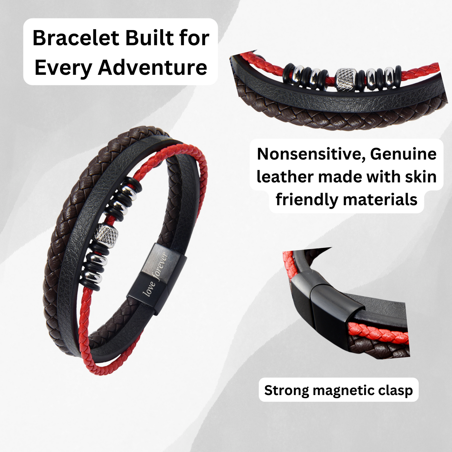 Fashionable 3-Layer Men’s Braised Black Leather Stainless Steel Bracelet