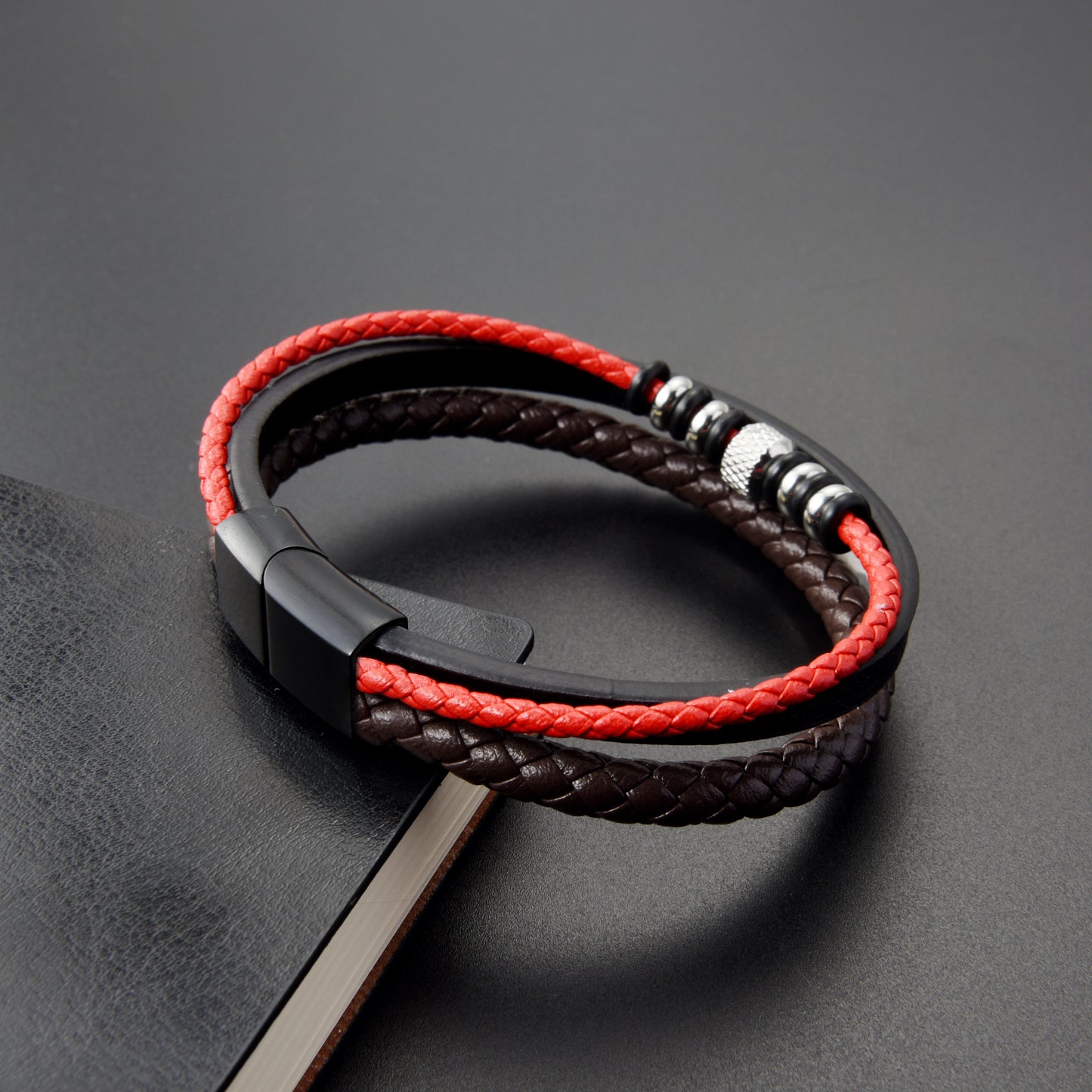 Fashionable 3-Layer Men’s Braised Black Leather Stainless Steel Bracelet