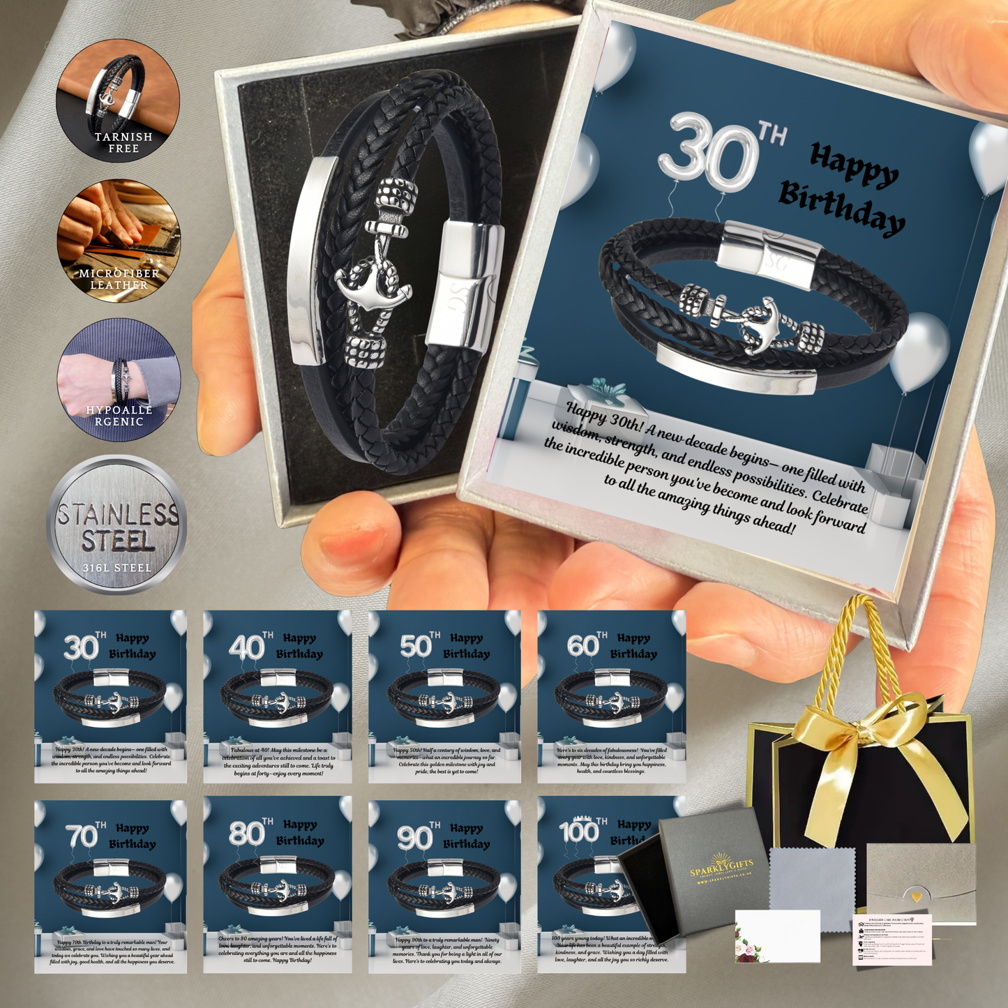 Birthday Gifts for Him 30th 40th 50th 60th 70th 80th 90th 100th Men Birthday Anchor Bracelet Personalised Message