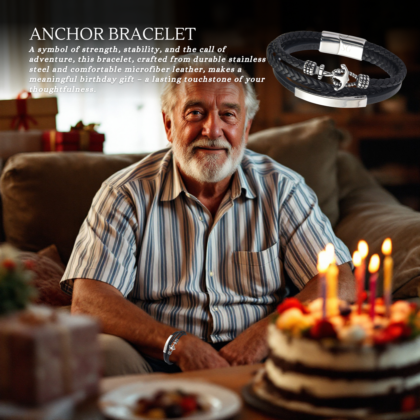 Birthday Gifts for Him 30th 40th 50th 60th 70th 80th 90th 100th Men Birthday Anchor Bracelet Personalised Message