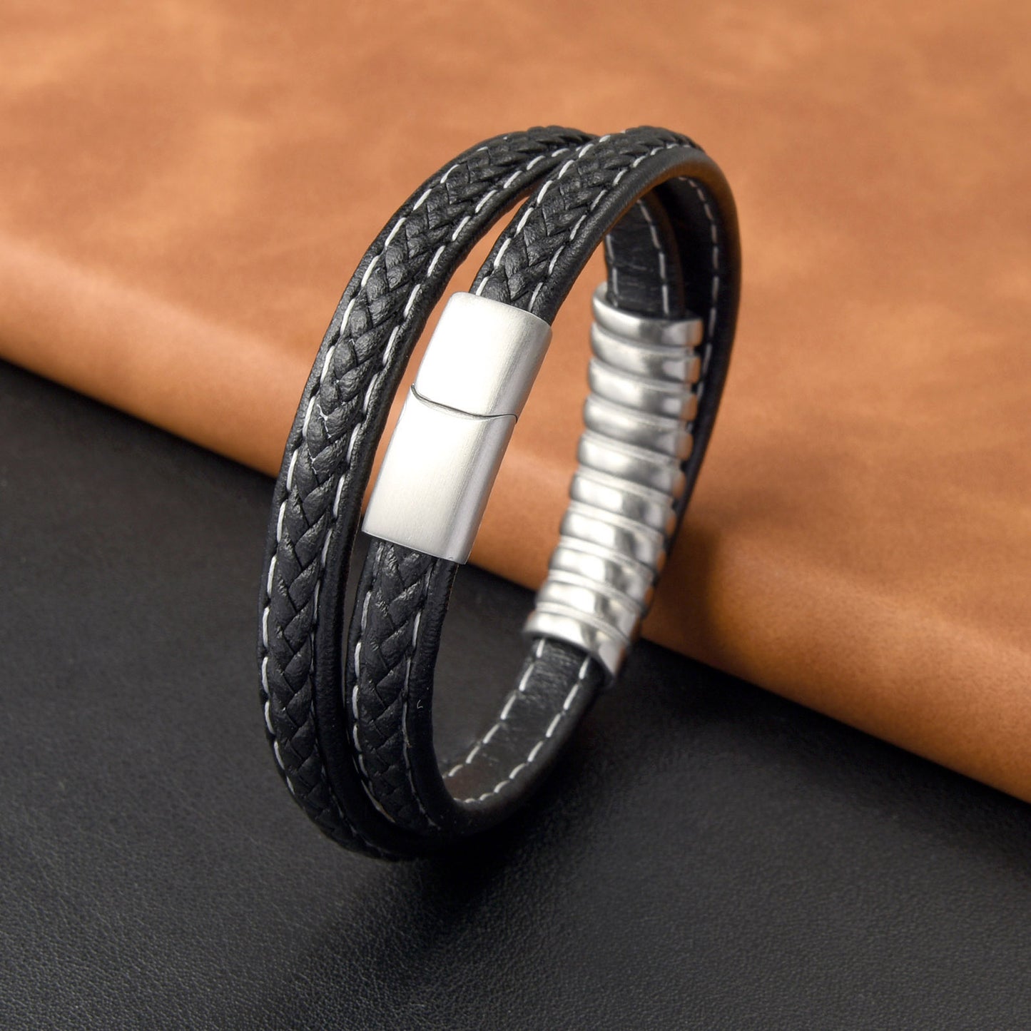 Men’s Twisted 2-Layer Stainless Steel Black Leather Braided Bracelet