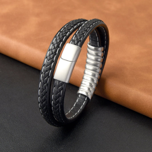 Men’s Twisted 2-Layer Stainless Steel Black Leather Braided Bracelet