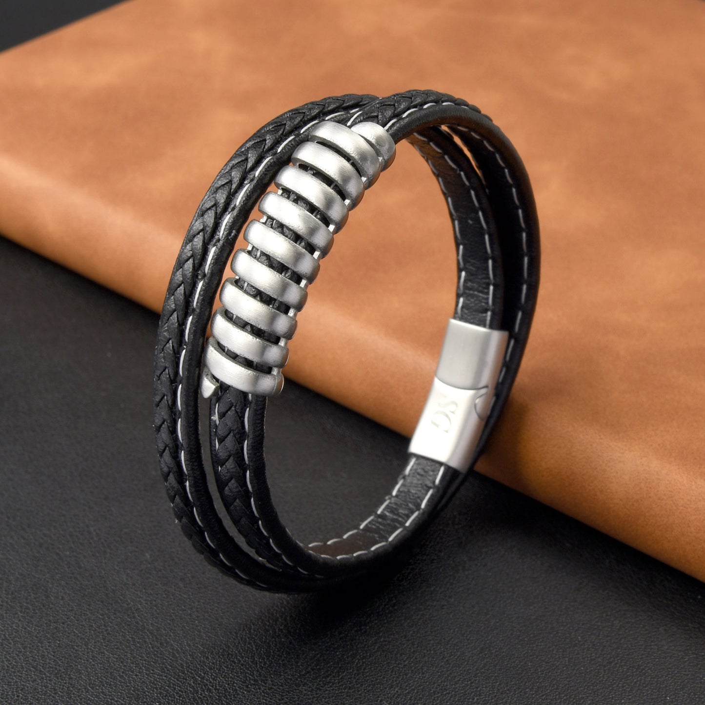Men’s Twisted 2-Layer Stainless Steel Black Leather Braided Bracelet