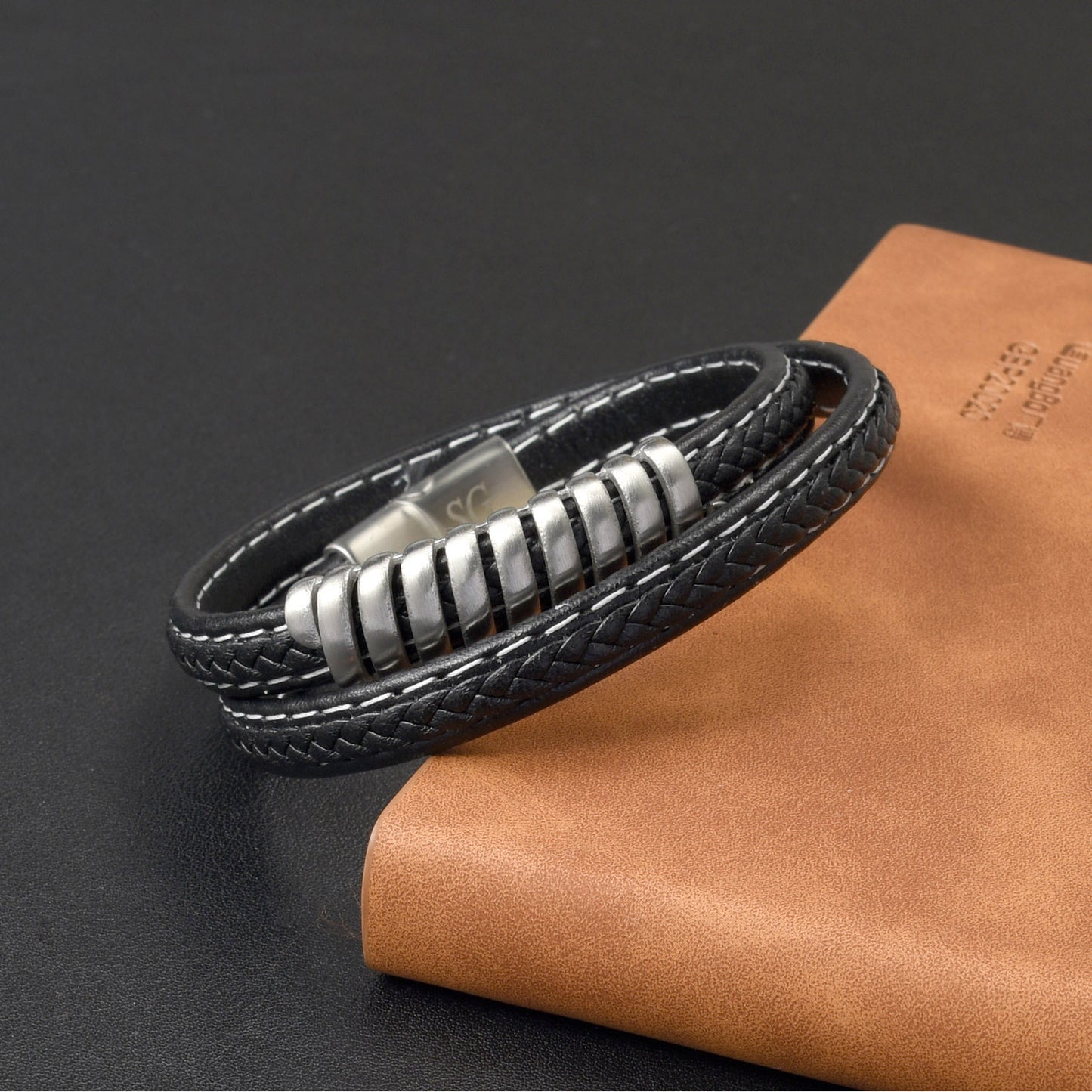 Men’s Twisted 2-Layer Stainless Steel Black Leather Braided Bracelet